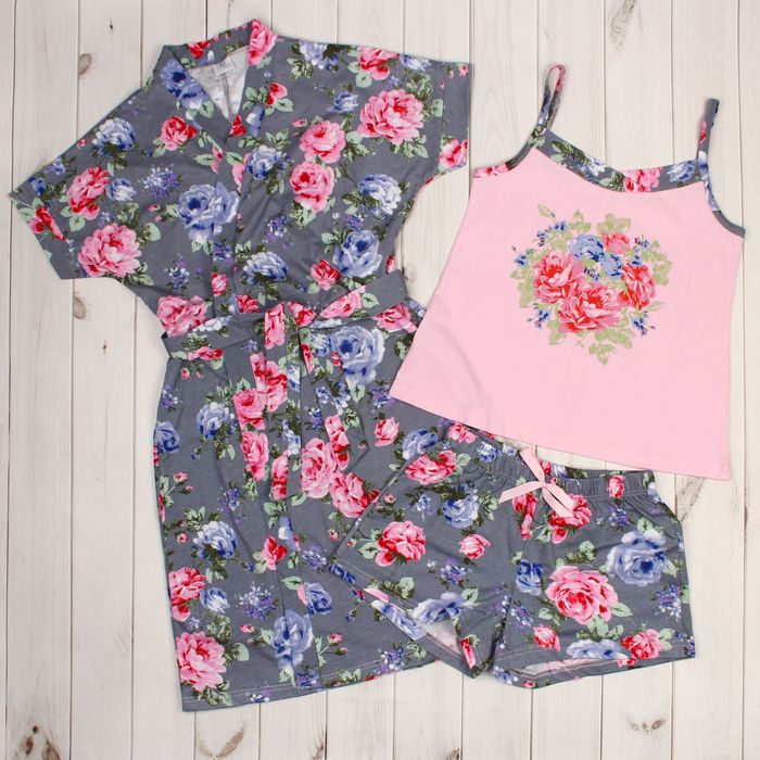 Комплект женский (халат, майка, шорты) 8224/1 цвет серый, р-р 52