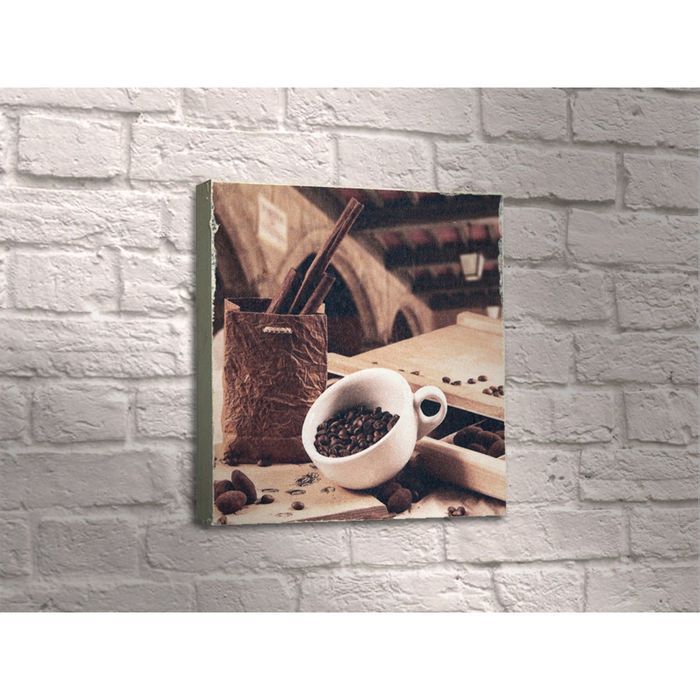 Картина "Кофейные зёрна в чашке и палочки корицы"