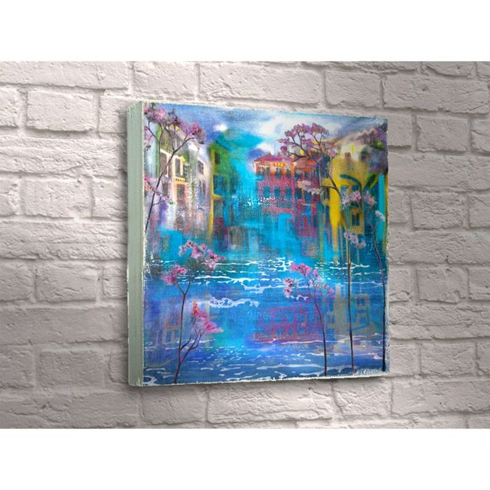 Картина "Живопись: яркие дома и веточки сакуры"