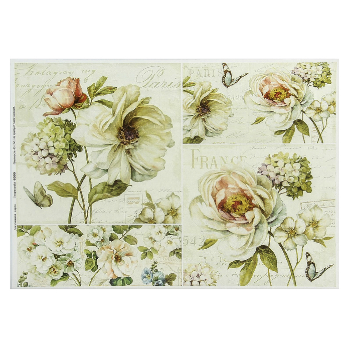 Декупажная карта "Чайные розы и флокс" плотность 45г/м2  формат А4 (6099)