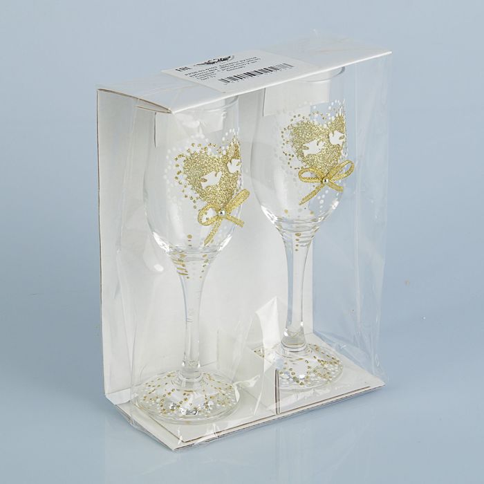 Набор свадебных бокалов ручной работы «Сердца», 2 шт., бело-золотой