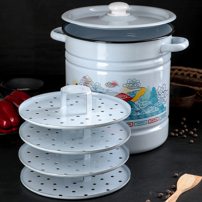 Мантоварка-позница 12 л, 4 вставки, с декором, пластмассовая ручка, цвет серо-голубой