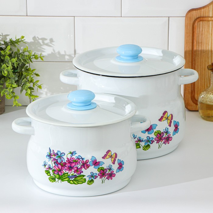 Набор кастрюль "Фиалка", 2 предмета: 4 л, 5,5 л, цвет белый