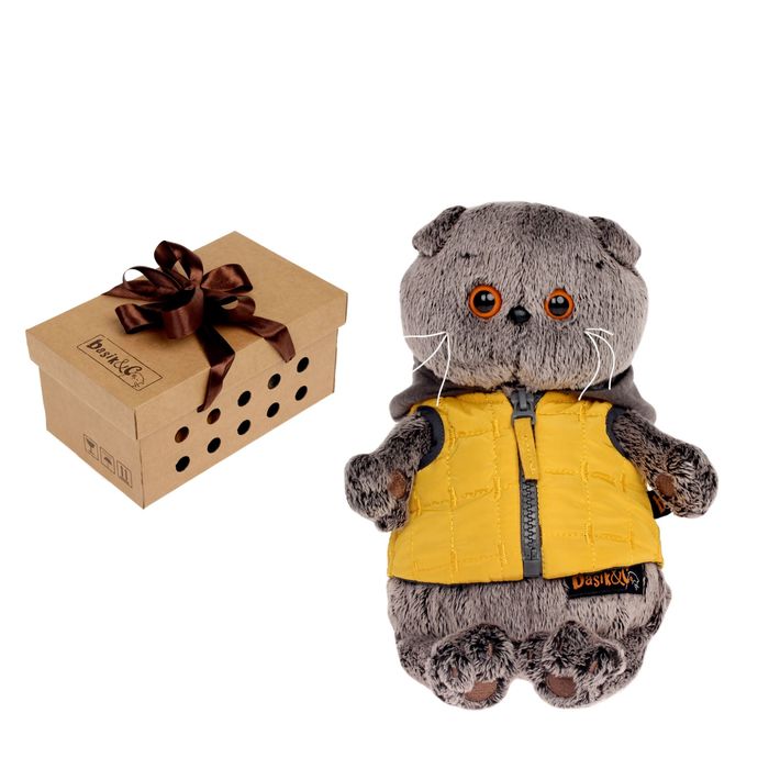 Мягкая игрушка "Басик" в желтой жилетке с серым капюшоном, 22 см