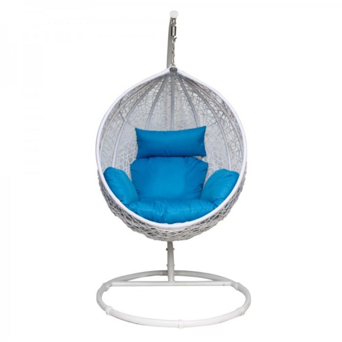 Подвесное кресло-качели на стальной штанге большие, иск. ротанг, белый/голубой