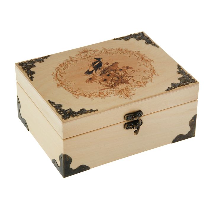 Шкатулка дерево "Гравюра Птицы" с накладными элементами бронза 17х13х7,5 см
