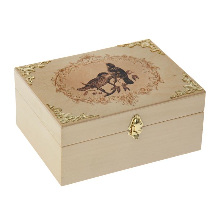 Шкатулка дерево "Гравюра Птицы" с накладными элементами золото 17х13х7,5 см