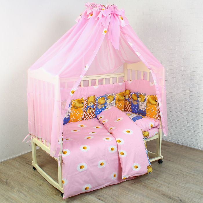 Комплект в кроватку (7 предметов), цвет розовый, принт мишки 08502-06