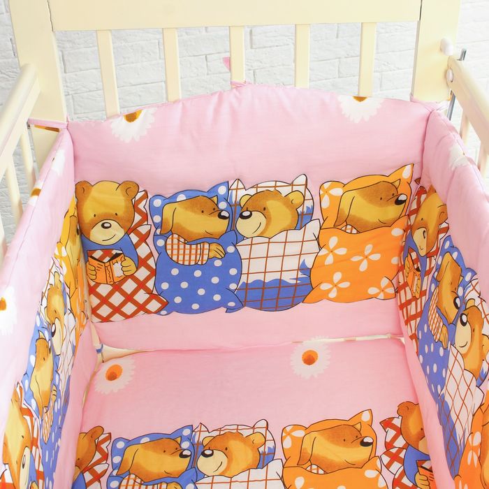 Комплект в кроватку (7 предметов), цвет розовый, принт мишки 08502-06