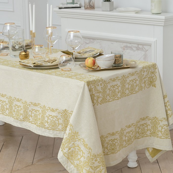 Столовый набор "Этель" (скатерть 150х300 см, салфетки 45х45 см - 12 шт.) цвет золотой, хл. с ВМГО