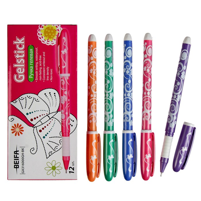 Ручка гелевая Beifa "Узоры", узел 0.5мм, чернила чёрные, резиновый упор, микс
