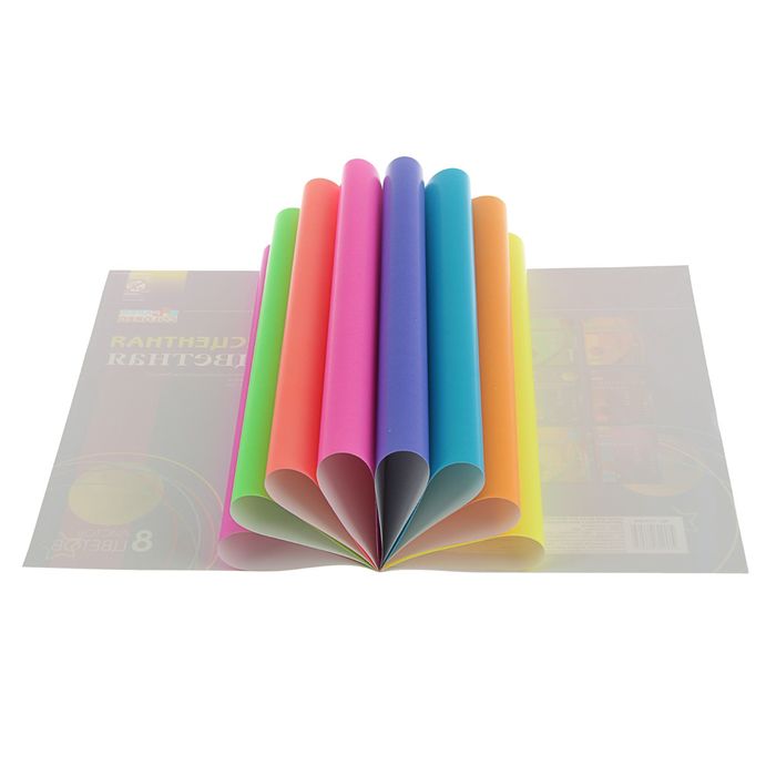 Бумага цветная флюоресцентная А4, 8 листов, 8 цветов, мелованная