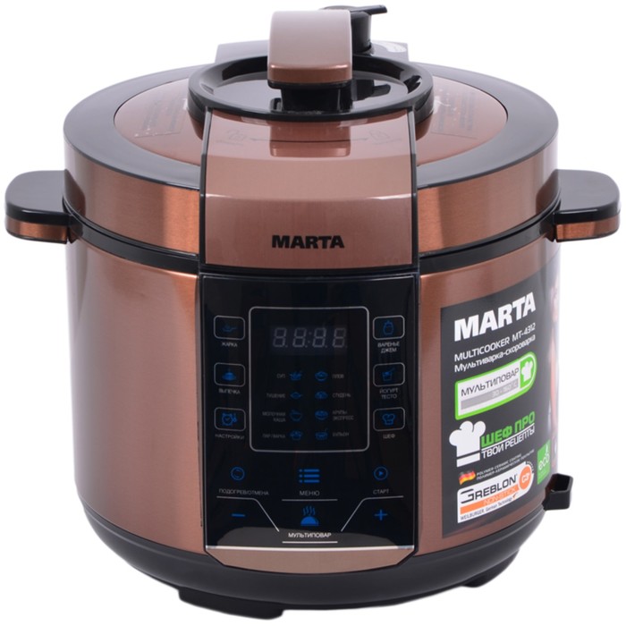 Мультиварка Marta MT-4309, 900 Вт, 5 л, 21 прог, мультиповар, отлож старт, черный/медь