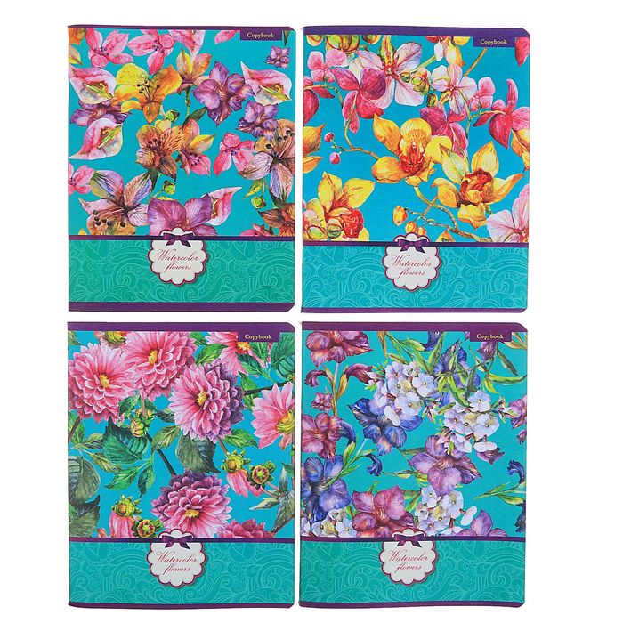 Тетрадь 96 листов клетка "Цветы", картонная обложка, МИКС