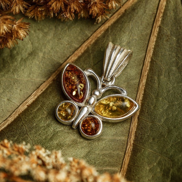 Подвеска посеребрение "Янтарь" бабочка, разноцветный