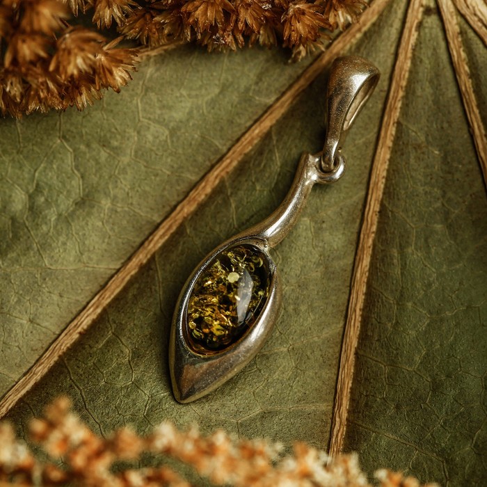 Подвеска посеребрение "Янтарь" листик нежный, цвет зелёный