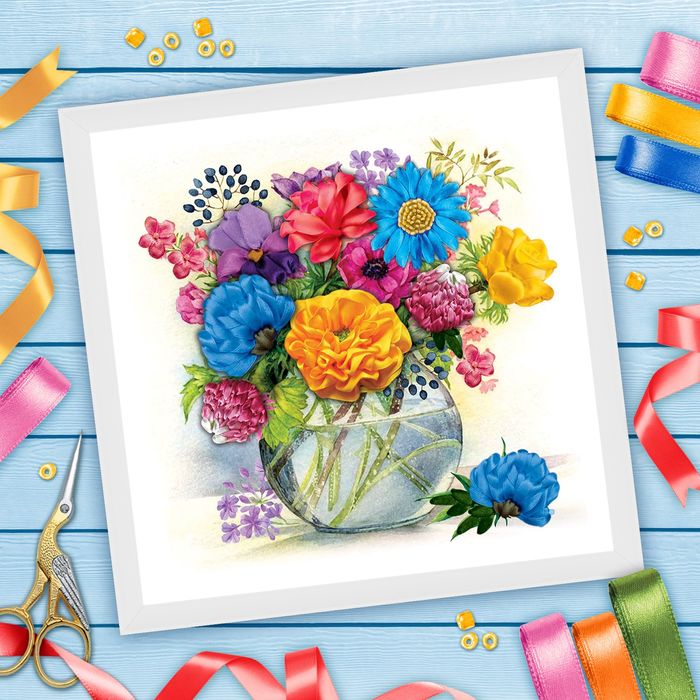 Вышивка лентами "Ваза с цветами", 35 х 35 см