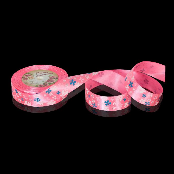 Лента атласная "Бабочки", 25мм, 23±1м, №005, цвет розовый
