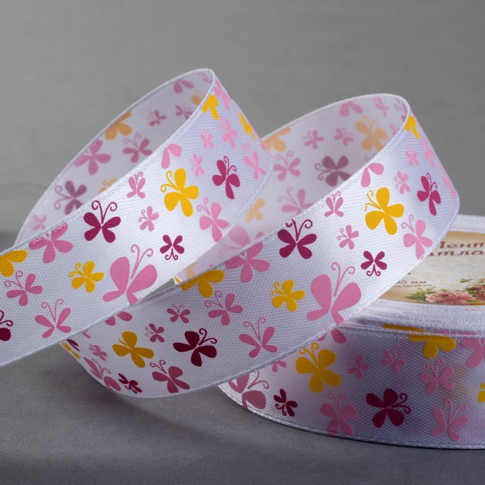 Лента атласная "Бабочки", 25мм, 23±1м, №001, цвет белый