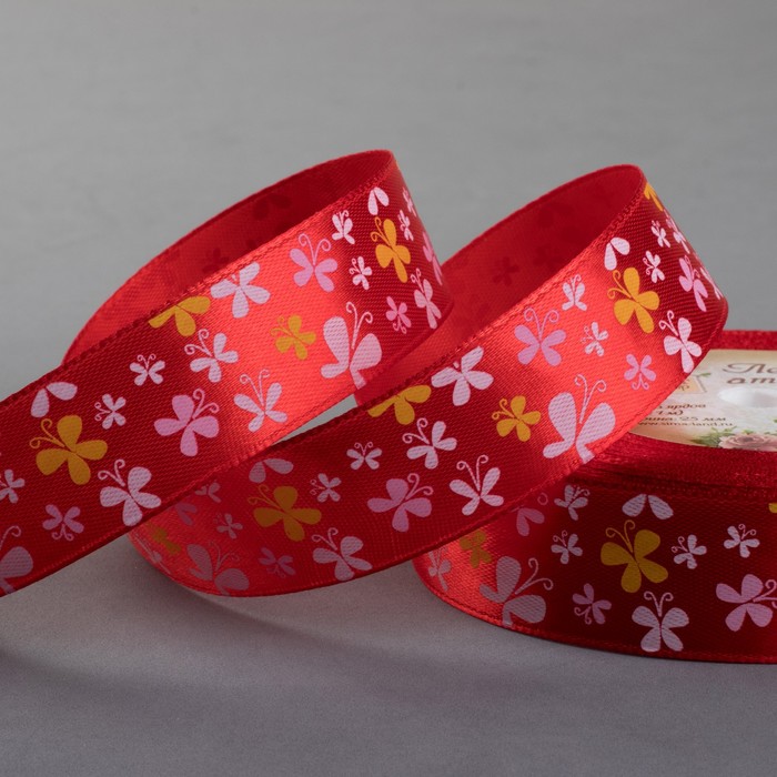 Лента атласная "Бабочки", 25мм, 23±1м, №026, цвет красный
