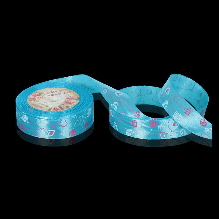 Лента атласная "Букет сердец", 25мм, 23±1м, №187, цвет голубой