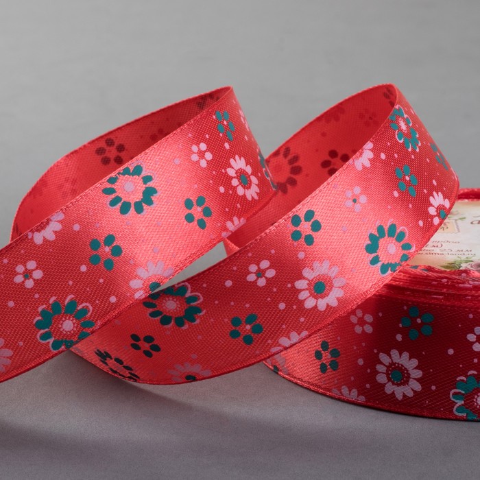 Лента атласная "Ромашки", 25мм, 23±1м, №134, цвет коралловый