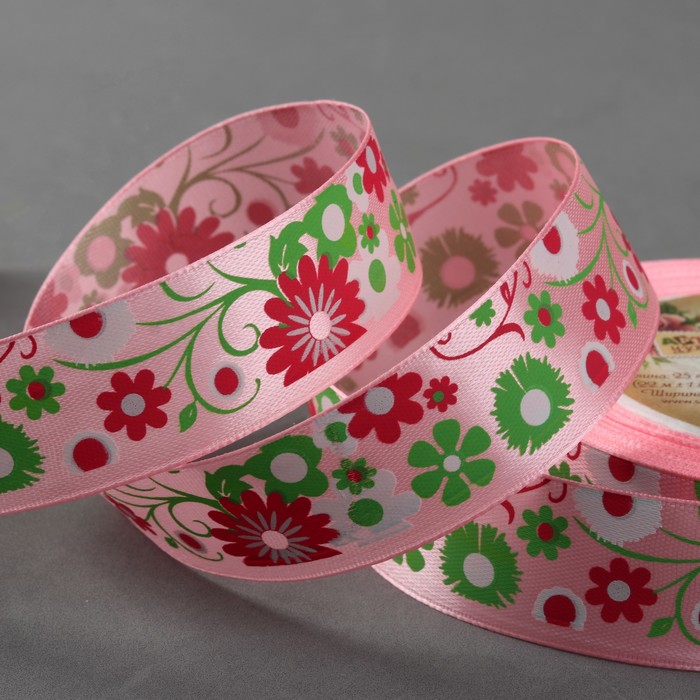 Лента атласная "Цветы", 25мм, 23±1м, №147, цвет розовый