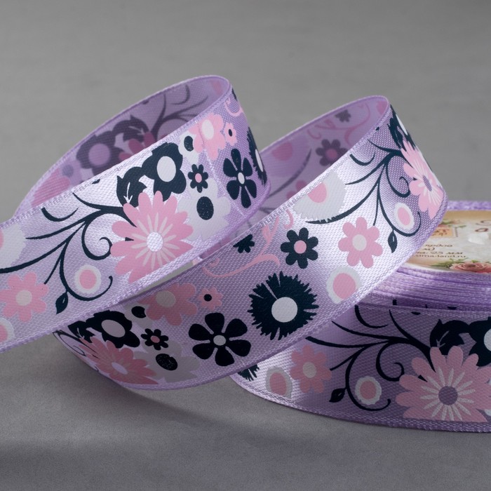 Лента атласная "Цветы", 25мм, 23±1м, №044, цвет фиолетовый