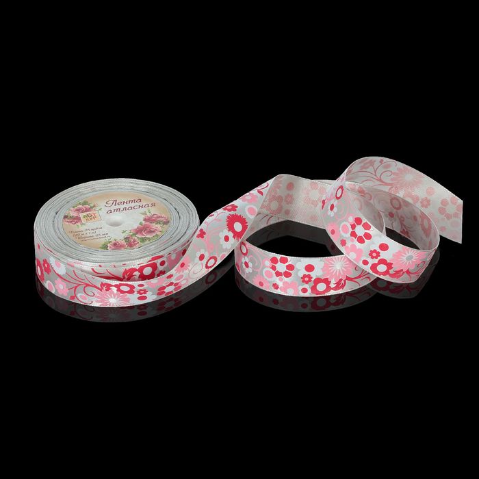 Лента атласная "Цветы", 25мм, 23±1м, №179, цвет серый