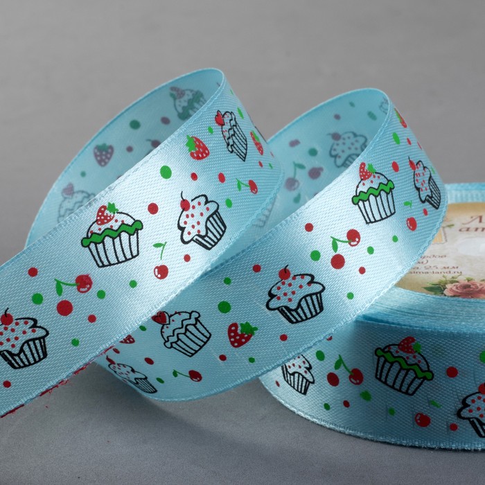 Лента атласная "Пироженки", 25мм, 23±1м, №001, цвет голубой