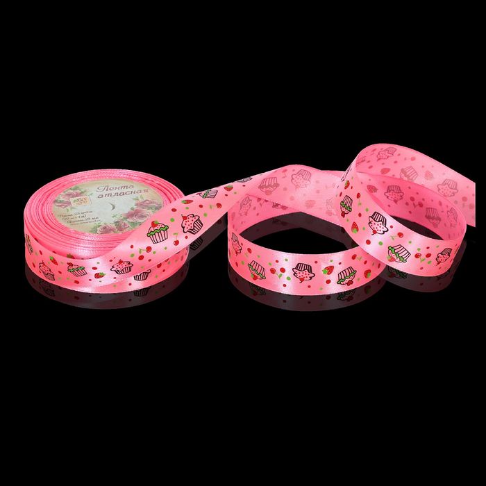 Лента атласная "Пироженки", 25мм, 23±1м, №005, цвет розовый