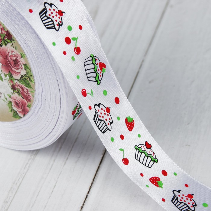 Лента атласная "Пироженки", 25мм, 23±1м, №123, цвет белый