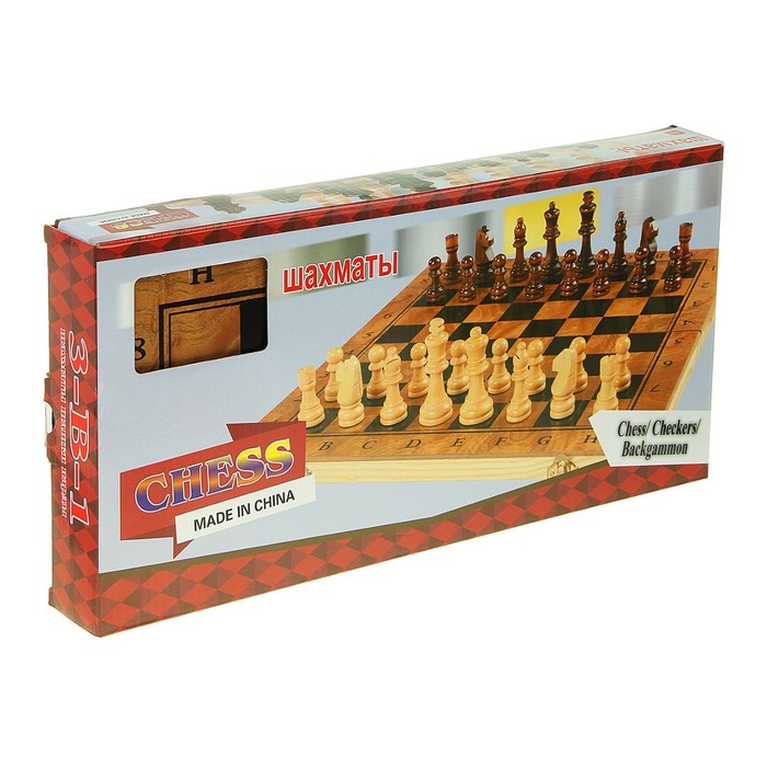 Набор игр 3в1. Нарды (кубик 7мм-2шт)+Шахматы пласт+Шашки пласт (d=3см) дерево 20х40см УЦЕНКА