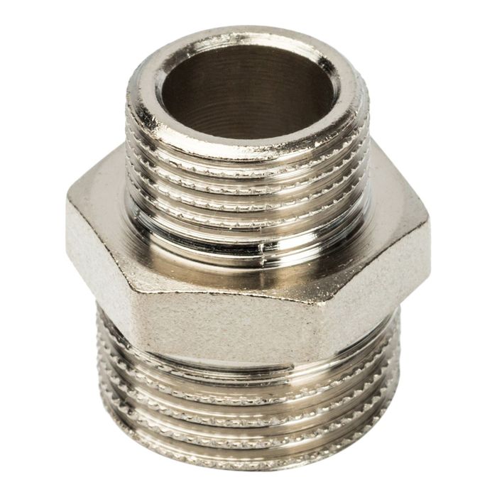 Ниппель STOUT SFT-0004-001238, переходной никелированный, наружная/наружная резьба 1/2"х3/8" 24399