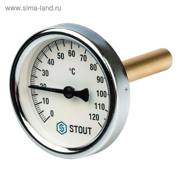 фото Термометр stout, биметаллический, с погружной гильзой 75 мм 1/2", корпус dn 63 мм