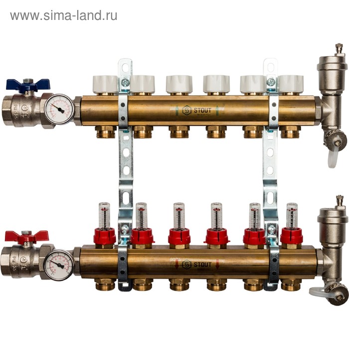 

Коллектор распределительный STOUT SMB 0473 000006, 6 выходов, с расходомерами, латунь