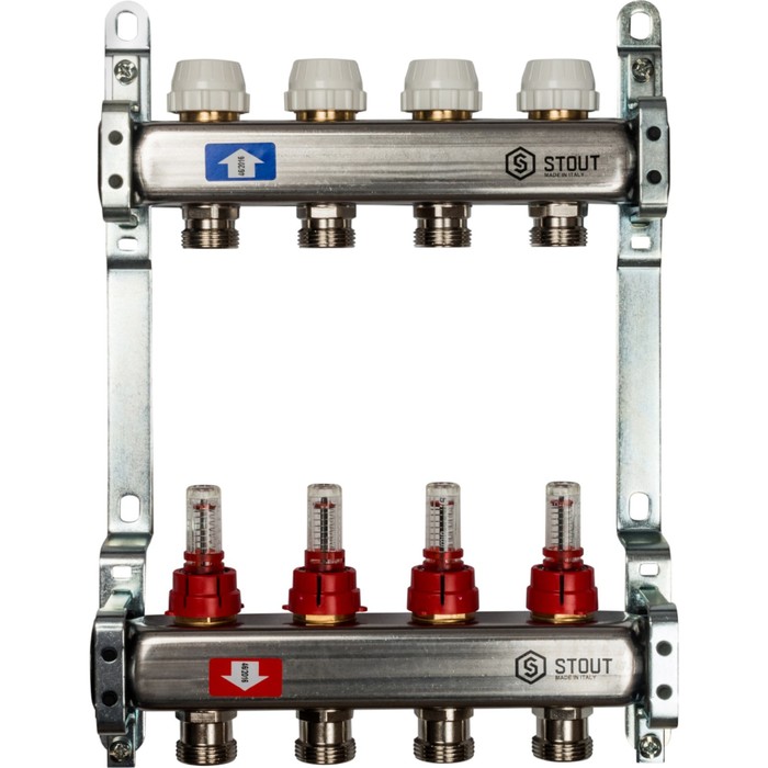 Коллектор STOUT, нержавеющая сталь в с расходомерами 4 выходов