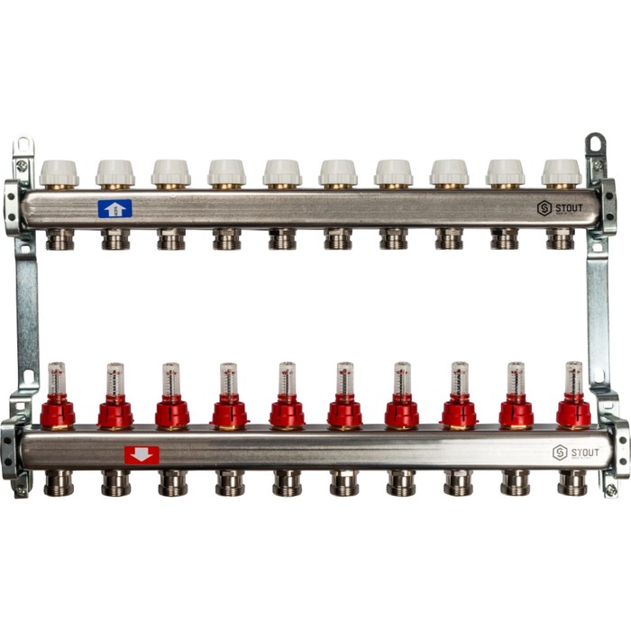 Коллектор STOUT, нержавеющая сталь в с расходомерами 10 выходов