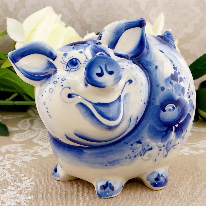 Копилка «Поросёнок», гжель, кобальт