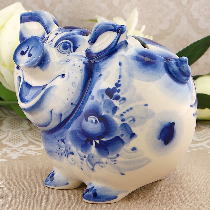 Копилка «Поросёнок», гжель, кобальт