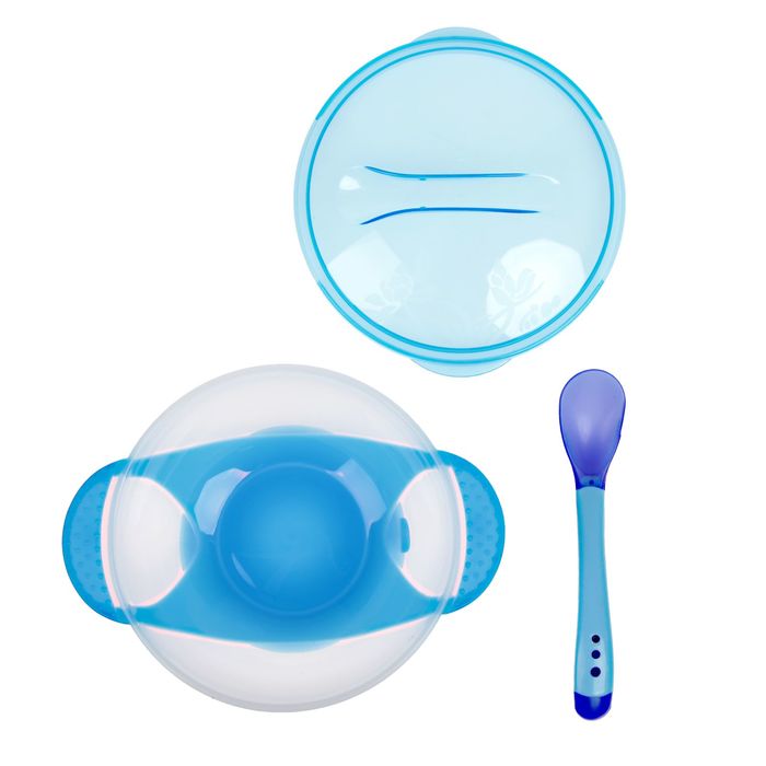 Набор для кормления, 3 предмета: миска 300 мл, крышка, ложка, цвет голубой