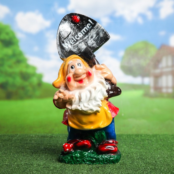 Садовая фигура "Гном с лопатой в жёлтой шапке welcome" 18*44 см