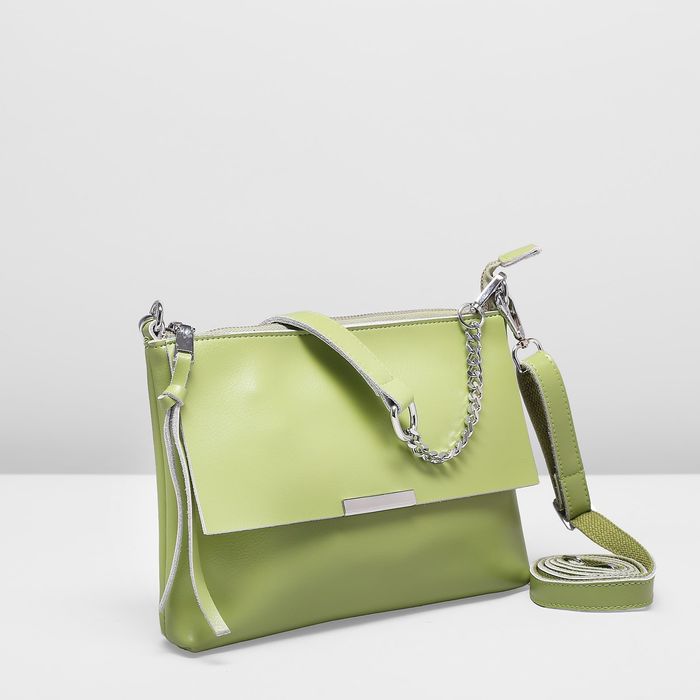 Сумка женская на молнии, 1 отдел с перегородкой, 2 наружных кармана, длинный ремень, цвет зелёный