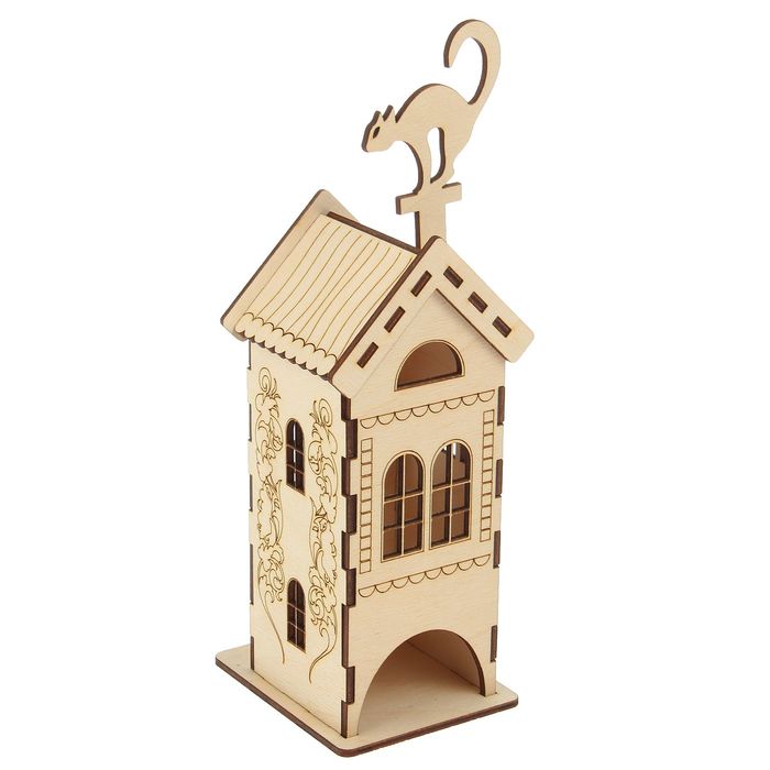 Чайный домик из фанеры "Кошка на крыше" 10х26х11 см (набор 10 деталей)