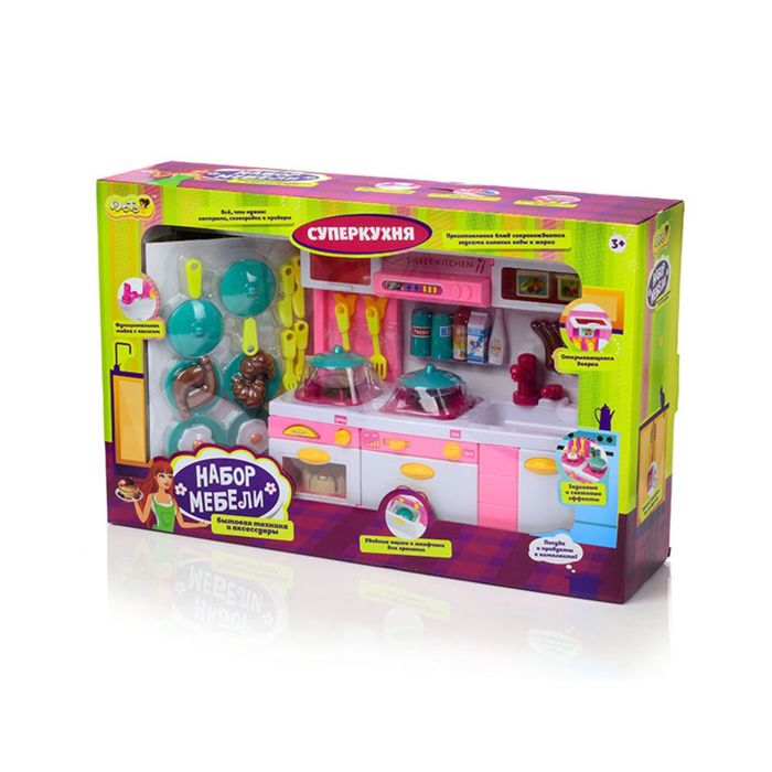 Набор мебели для кукол "Супер кухня" с аксессуарами, световые и звуковые эффекты, бежит вода из крана