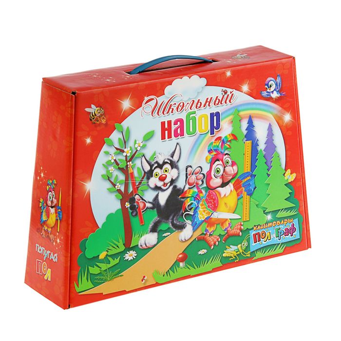 Коробка для школьного набора "Пол и Граф" с пластиковой ручкой, 360х252х100мм, красная