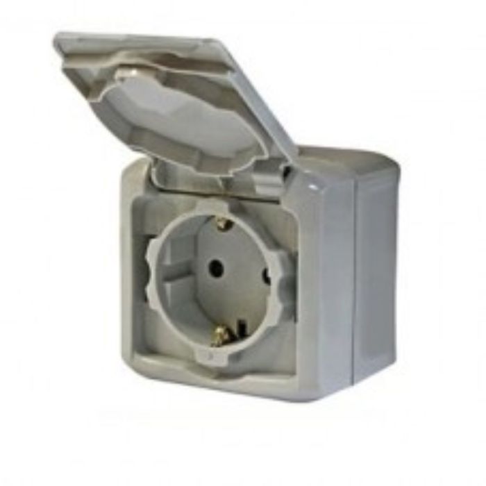 Розетка 1-м ОП Legrand "Quteo ", 16А, с защ. крышкой, шторки, с з/к, IP44, сер. 782351