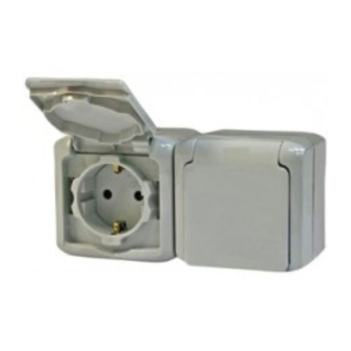 Розетка 2-м ОП Legrand "Quteo ", 16А, с защ. крышкой, шторки, с з/к, IP44, сер. 782353