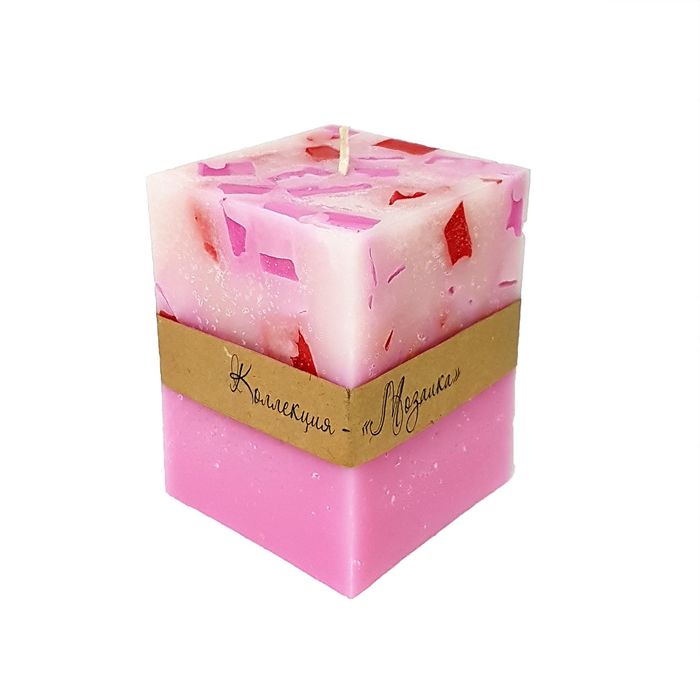 Свеча "Ручная работа" куб Мозаика 7,5х10,5 Розово-красная
