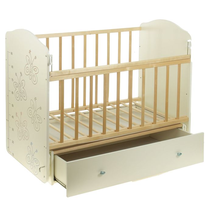 Детская кроватка «Морозко. Бабочки» с ростомером, на маятнике, с ящиком, цвет белый/берёза